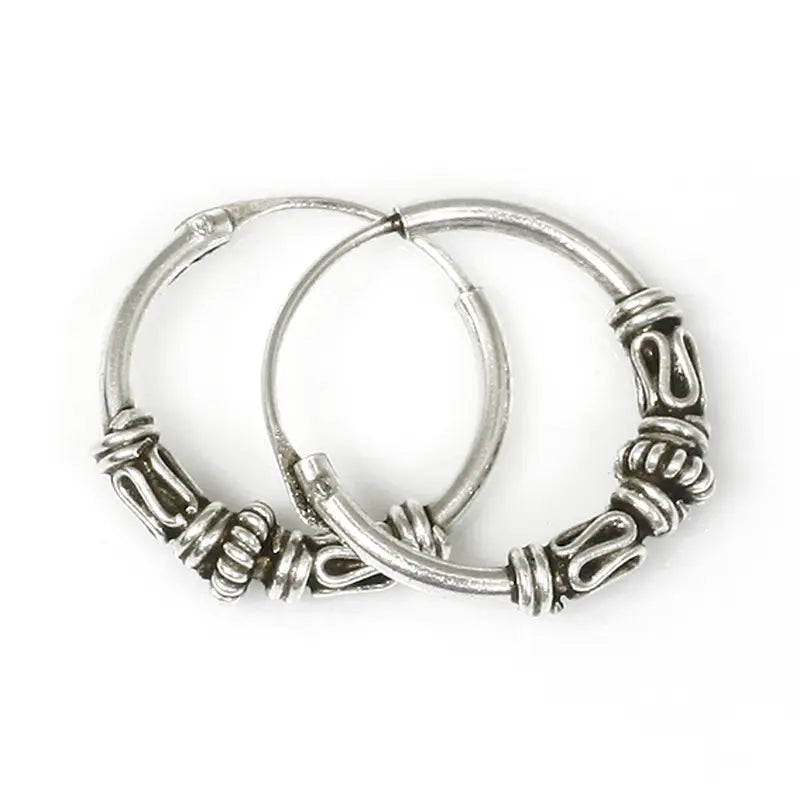 Bali Creolen Paar 14 mm – 925 Silber filigran handgefertigt mit Ornamenten