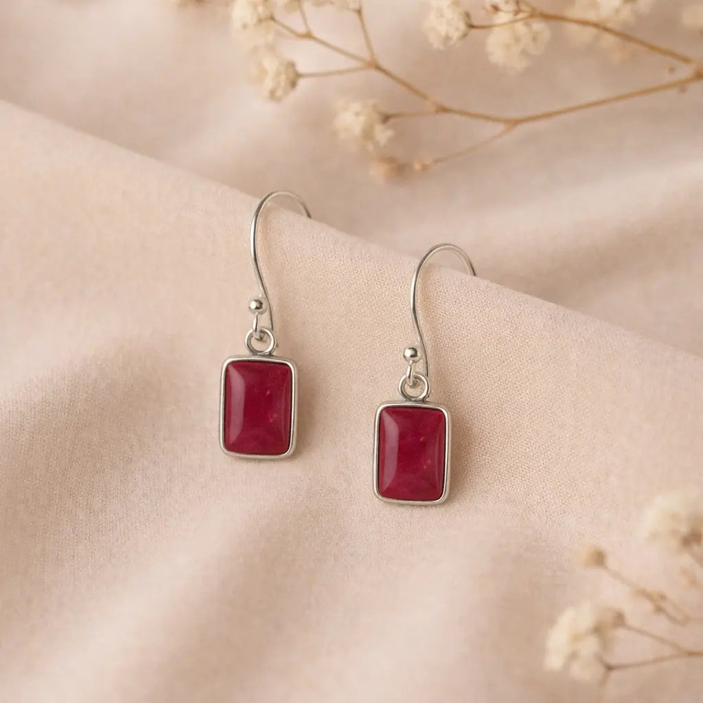 Rubin Silberohrringe eckig – 925 Silber Cabochon Ohrhänger