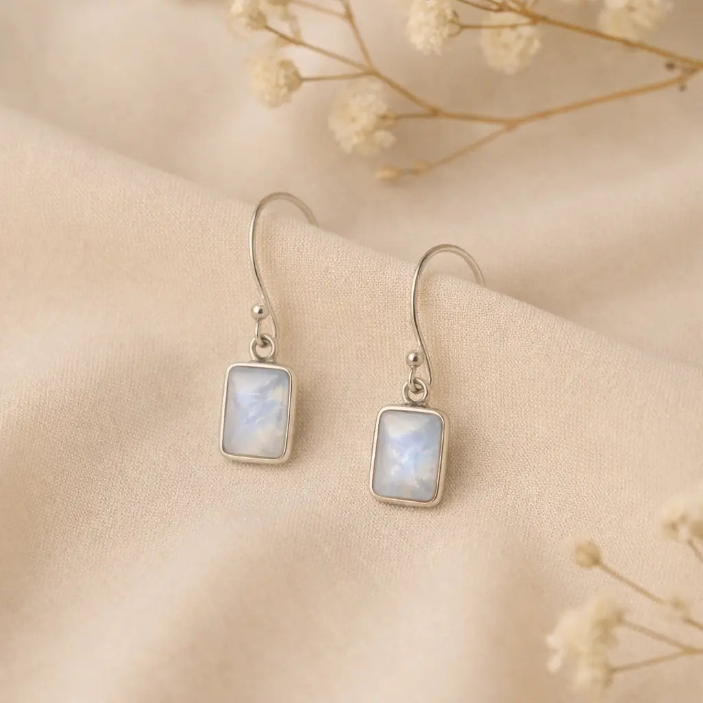 Mondstein Silberohrringe eckig – 925 Silber Cabochon Ohrhänger