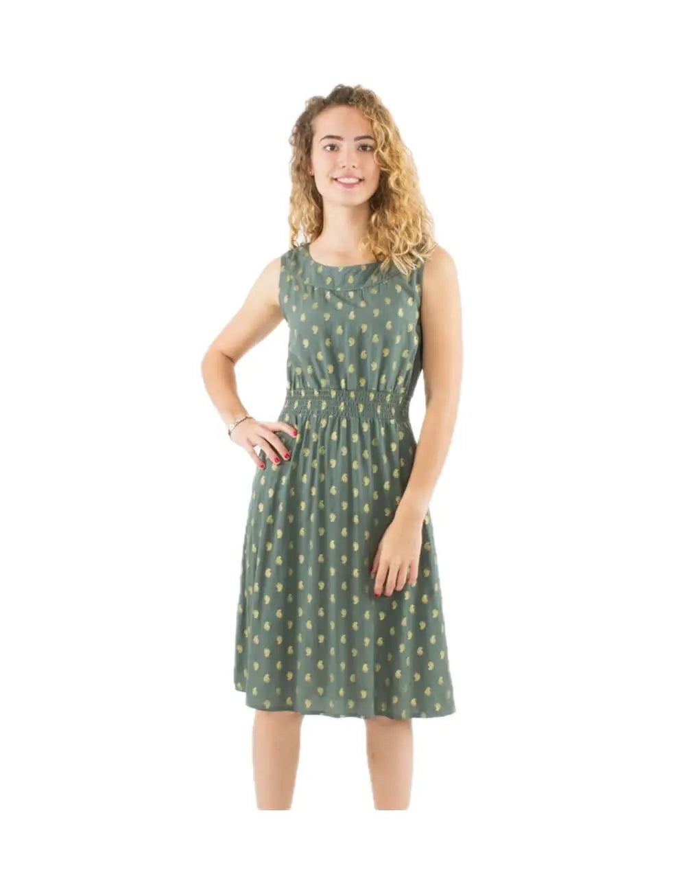 Coline Khakifarbiges Sommerkleid mit goldenem Print