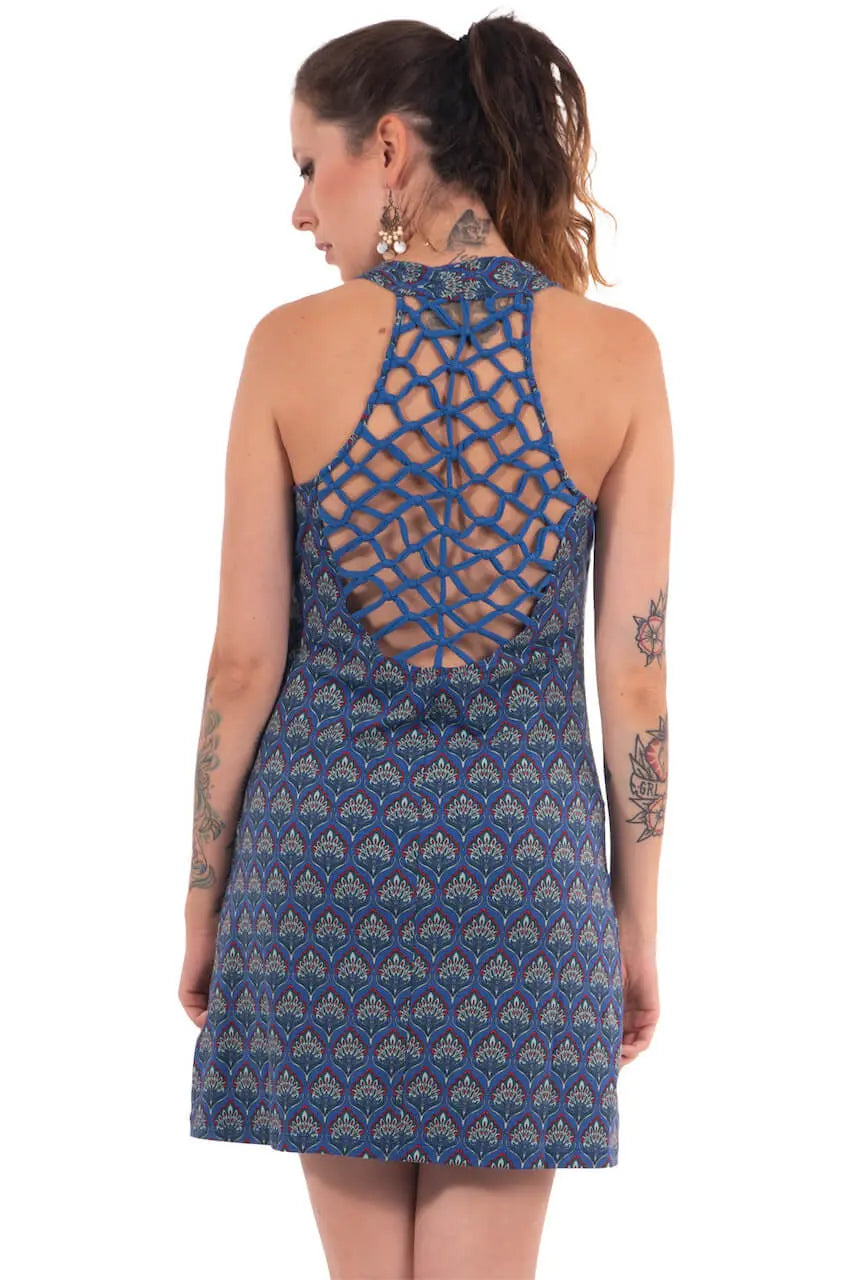 Chapati Retroprint Netzrücken Sommer-Kleid Rückenfrei