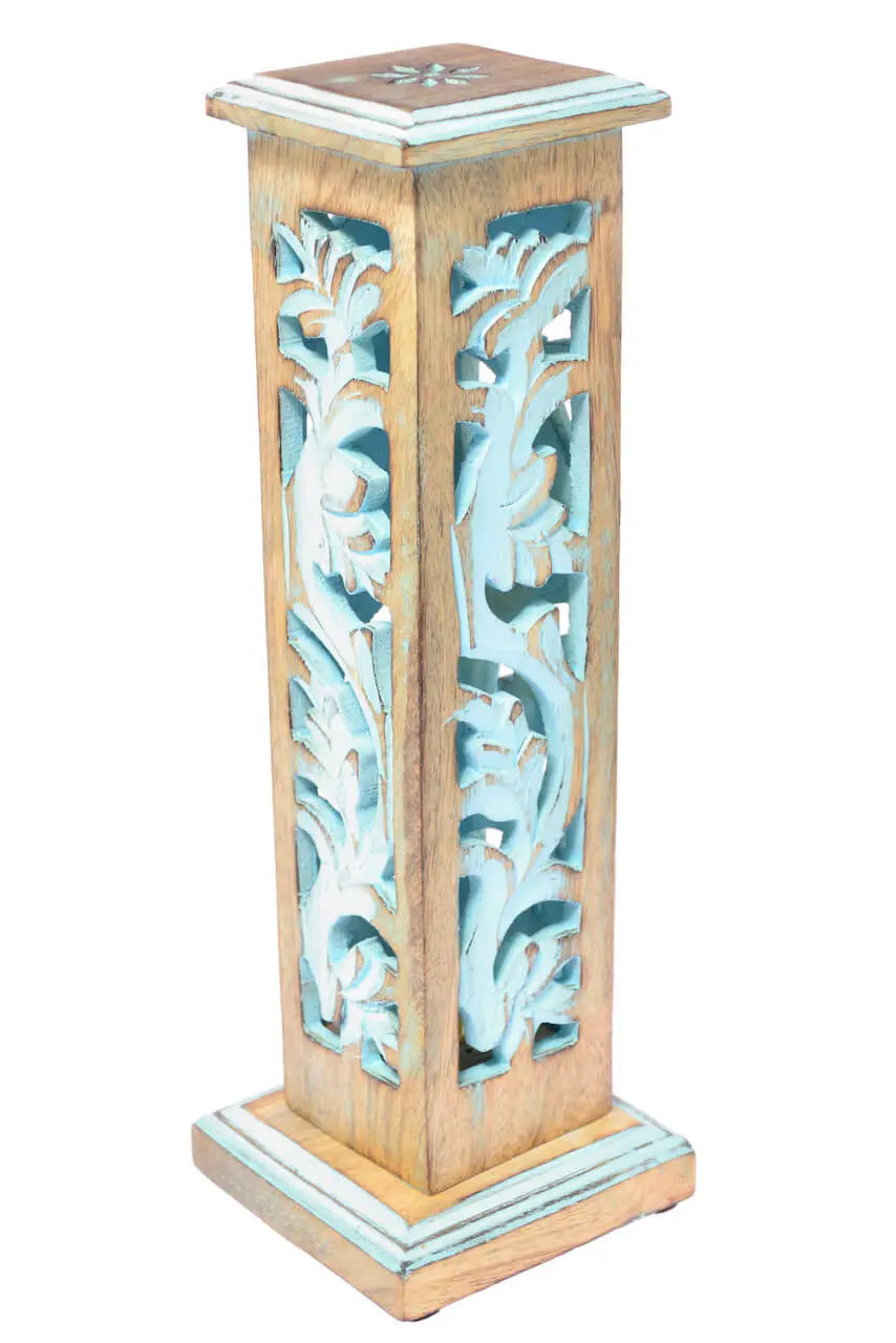 Räucherturm aus Mangoholz ⭐ Handgeschnitzt mit Blumenranken