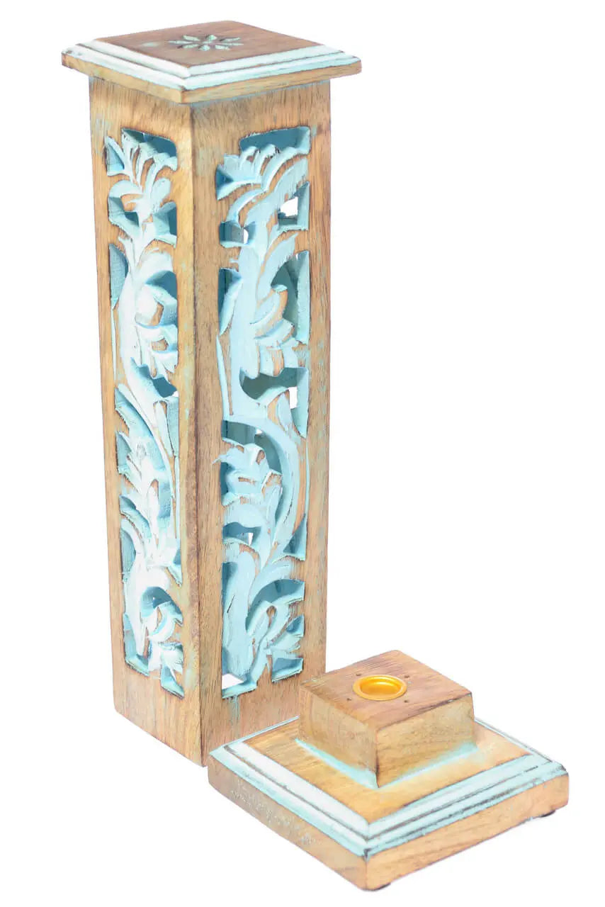 Räucherturm aus Mangoholz ⭐ Handgeschnitzt mit Blumenranken