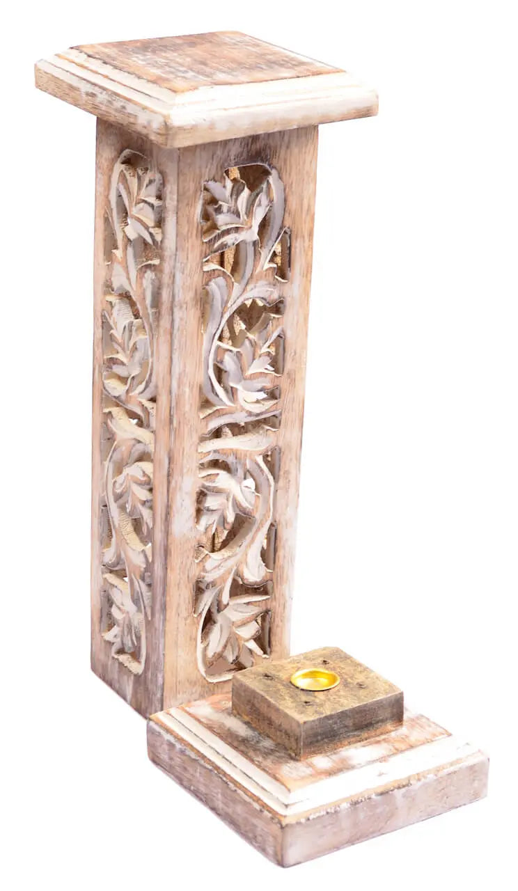 Räucherturm aus Mangoholz ⭐ Handgeschnitzt mit Blumenranken