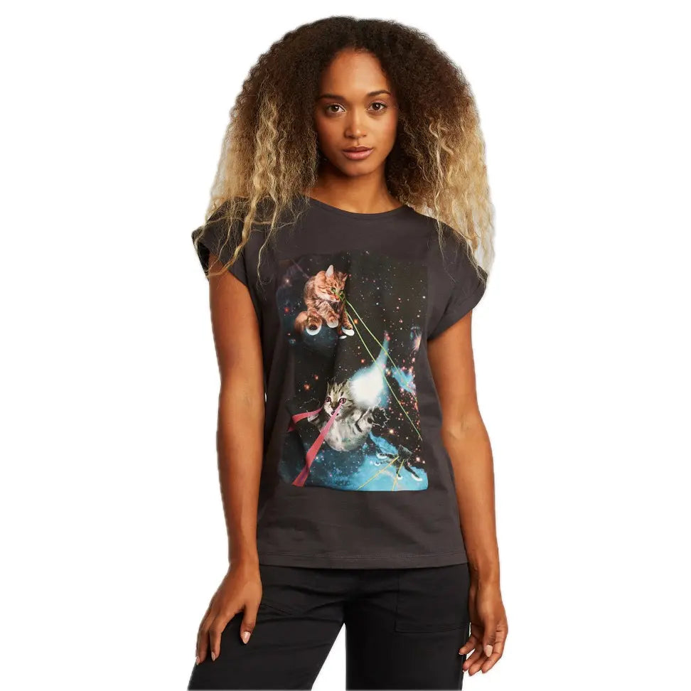 Dedicated Damen T-Shirt – Weltraum Katzen mit Laserblick Bio & Fair