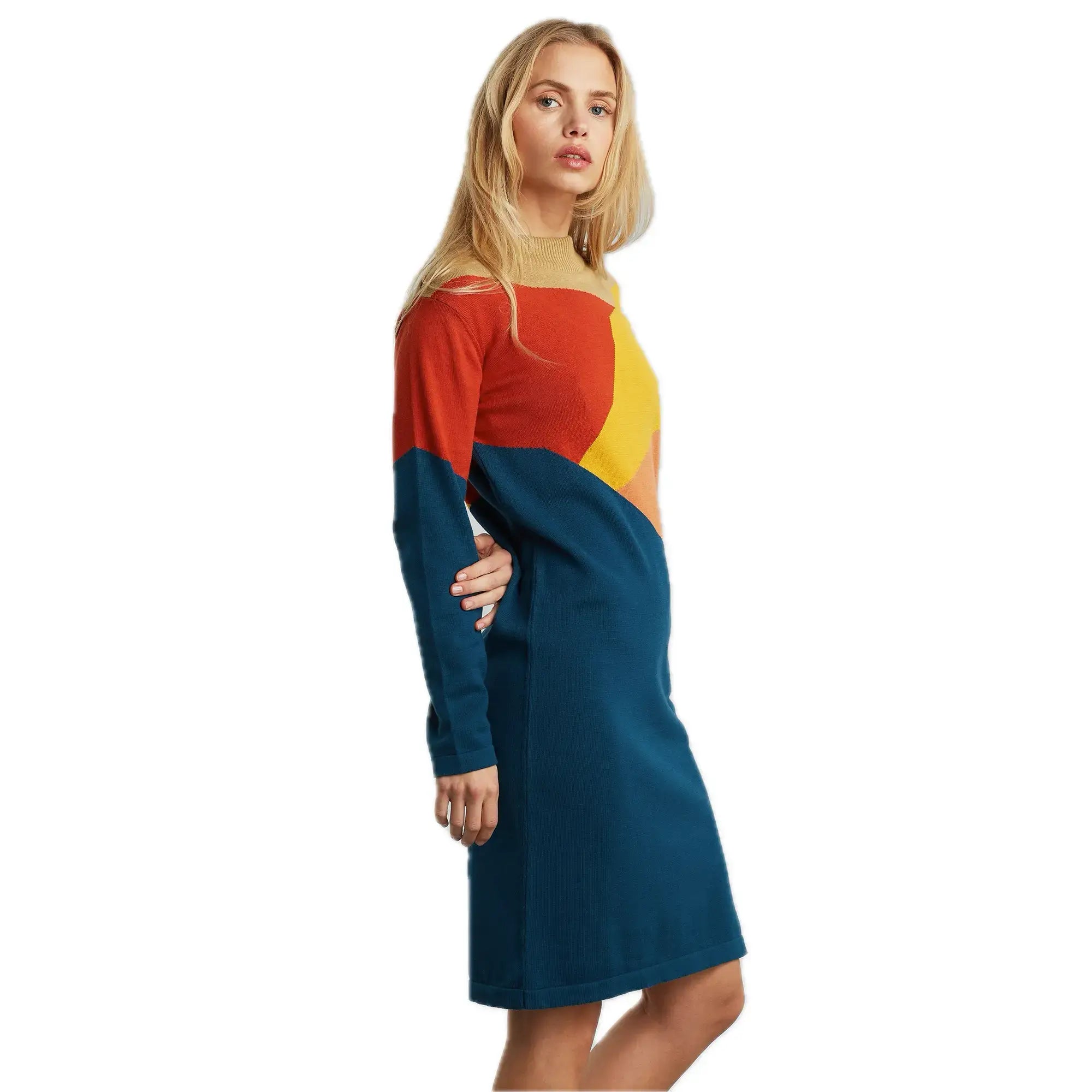 Dedicated Dress Lo Mountain – Buntes Herbst Strickkleid aus Bio-Baumwolle