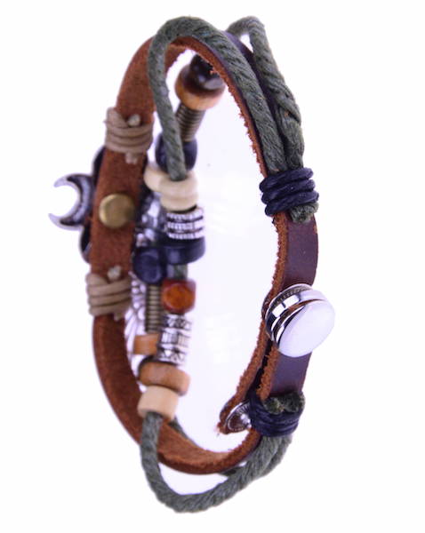 Hippie Lederarmband - Perlen, Anhänger, Druckknopf