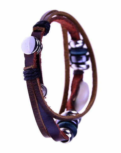 Hippie Lederarmband - Perlen, Anhänger, Druckknopf