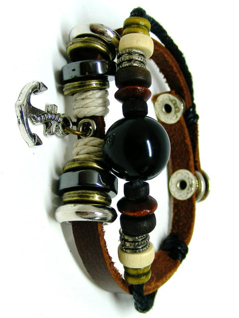 Hippie Lederarmband Perlen Anhänger Druckknopf