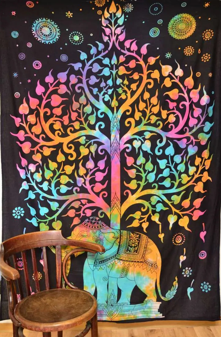Wandbehang Elefant & Lebensbaum Indisches Wandtuch, 210x140 cm